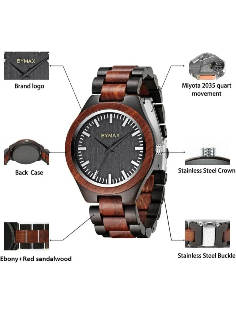 Men's Black Brown Analog Quartz Fashion Handmade Solid Round Wrist Wooden Watch